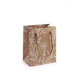Kraft draagtas met witte botanische print, 15 x 12 cm - Kadopapier.net