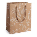 Kraft draagtas met witte botanische print, 24,5 x 20 cm - Kadopapier.net