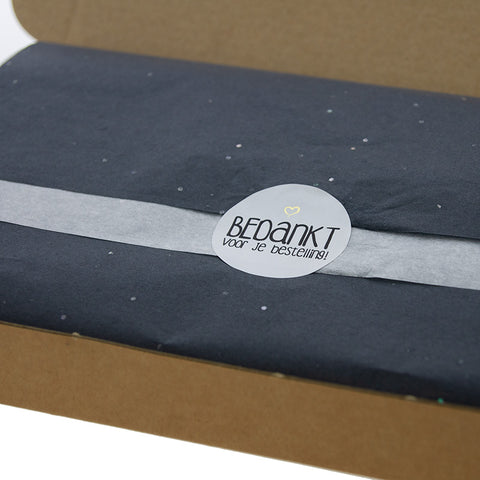 Letterbox shipping kit black – 20x kraft letterbox boxes 255x155x28 mm + white &amp; black gemstone tissue paper, black filler paper &amp; white thank you stickers