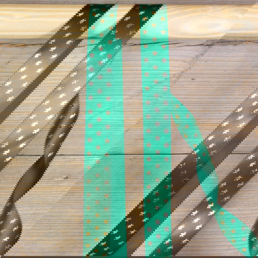 Kerstlint Stars on Satin Groen - Kadopapier.net