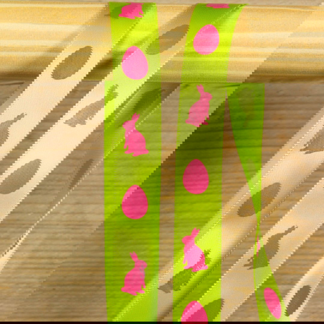 Lime Satijnlint met Haas en Ei - Kadopapier.net