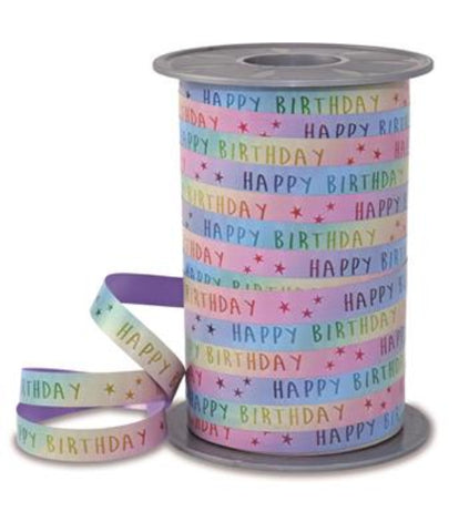 Luxe Krullint Happy Birthday Pastel Regenboog – 10mm - Decoratielint - Kadopapier.net