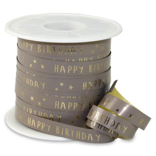 Luxe Krullint Happy Birthday Taupe/Goud – 10mm - Decoratielint - Kadopapier.net