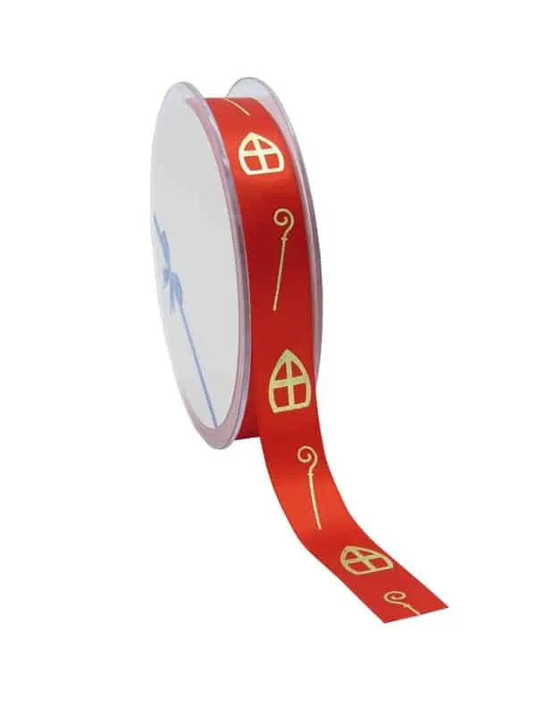 Luxe Sintlint Rood met Gouden Mijter en Staf - 15mm | 25m per rol - Kadopapier.net