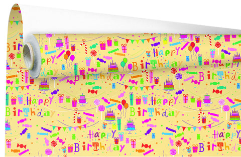 Happy birthday - Roll of wrapping paper - White striped kraft with colored butterflies - 60 gram ironed kraft - 69cmx50mtr. 