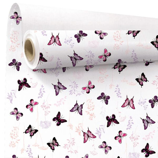 Butterfly - Roll of wrapping paper - White striped kraft paper with colored butterflies - 60 gram coated kraft paper - 80x40m