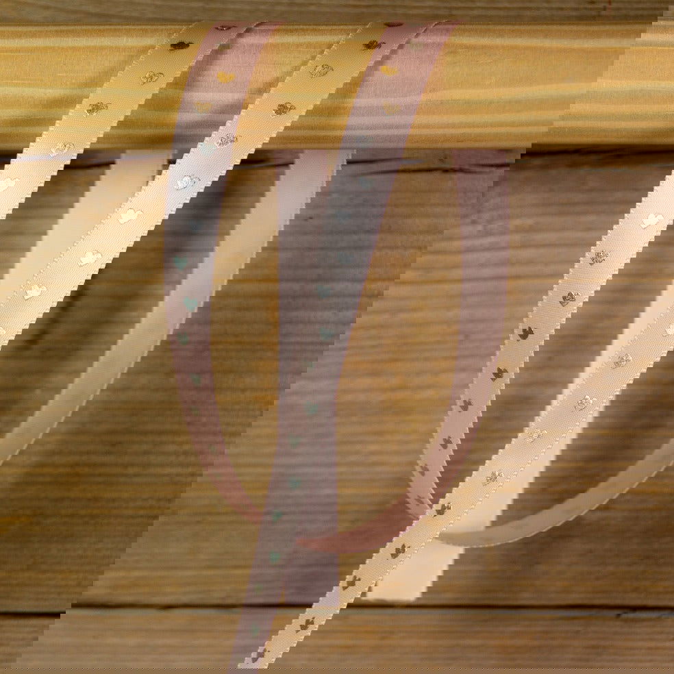 Roze Satijnlint met Hartjes - Kadopapier.net