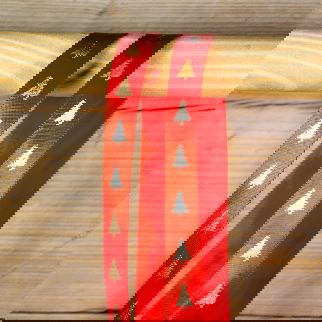 Satijnen Kerstlint Kerstboom Rood - Kadopapier.net