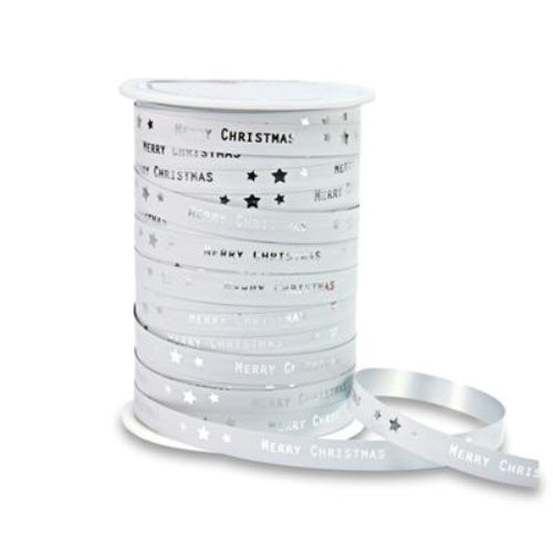 Wit Krullint Merry Christmas 10 mm - 100 meter | Feestelijke Cadeaulinten - Kadopapier.net