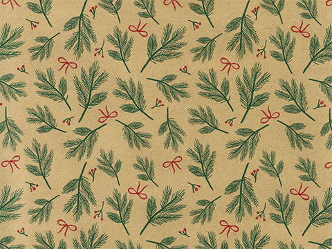 Bows & Berries rol kerstinpakpapier met dennentakken en strikjes op kraft - Kadopapier.net