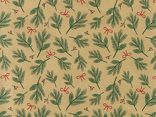 Kraft kerst inpakpapier Bows & Berries met dennentakken en strikjes - Kadopapier.net
