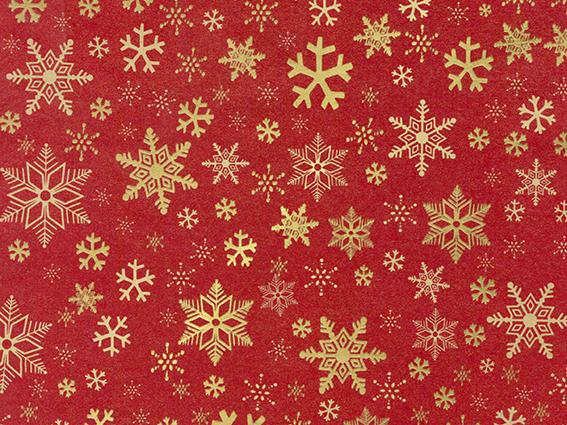 Snow Crystal rol kerstinpakpapier met gouden sneeuwkristallen op rood - Kadopapier.net
