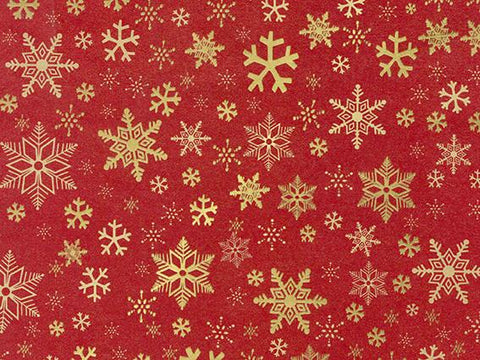 Snow Crystal rol kerstinpakpapier met gouden sneeuwkristallen op rood - Kadopapier.net