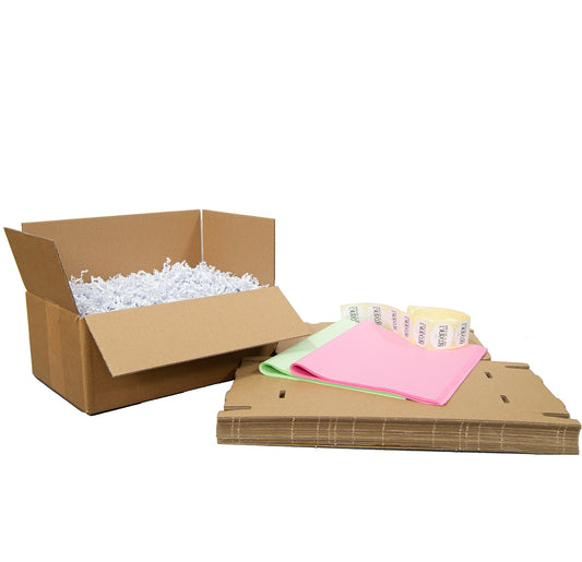 Pastel Mailbox Shipping Kit – 20 Kraft Mailboxes 255x155x28 mm + lime green &amp; pastel pink tissue paper, white filler paper &amp; white thank you stickers